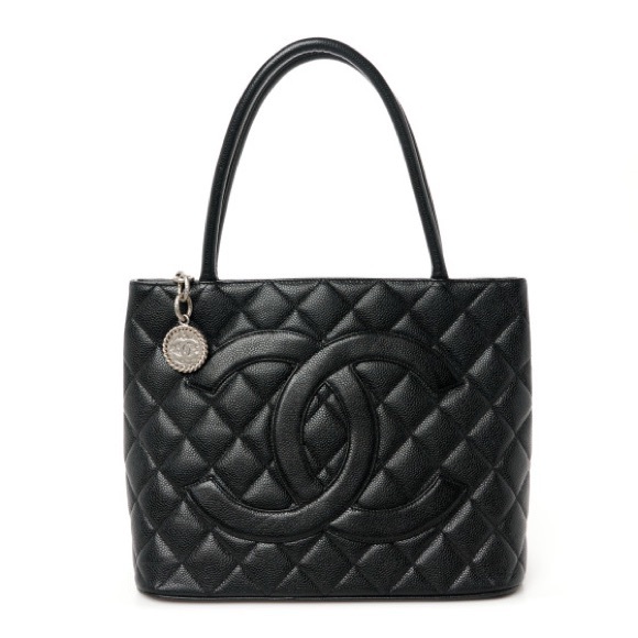 CHANEL MEDALLION BLACK & SILVER HARDWARE QUILTED CAVIAR TOTE - Picture 1 of 16